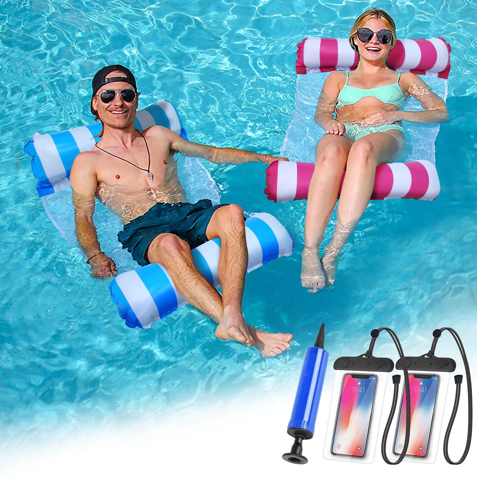 HALOVIE 2 Pack Inflatable Pool Floats Hammock 4-in-1 Multi-Purpose Inflatable Hammock with Air Pump, 2 Pcs Waterproof Mobile Phone Bag, Lilo Pool Chairs to Beach Swimming Pool Water Lounge Party