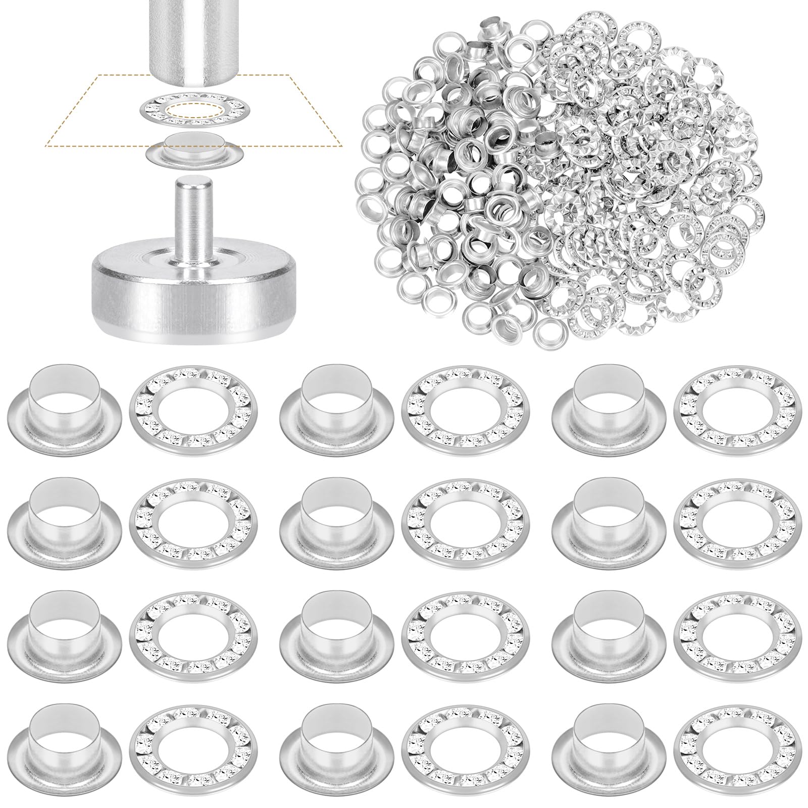 Glarks 100pcs 6mm Grommets Kit with White Diamond Washers Set, Silver Color Brass Grommets Eyelets, Fabric Leather Hole Eyelets Grommets for Belt, Shoes, Clothes, Canvas, Leather Repair