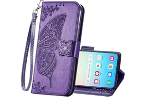 HAOTP Wallet Case for Samsung Galaxy S24 Plus,Women Flip Folio PU Leather Protective Case Wrist Strap Card Slots Holder Purse Emboss Butterfly Flower Stand Flip Case for Samsung Galaxy S24 Plus Purple