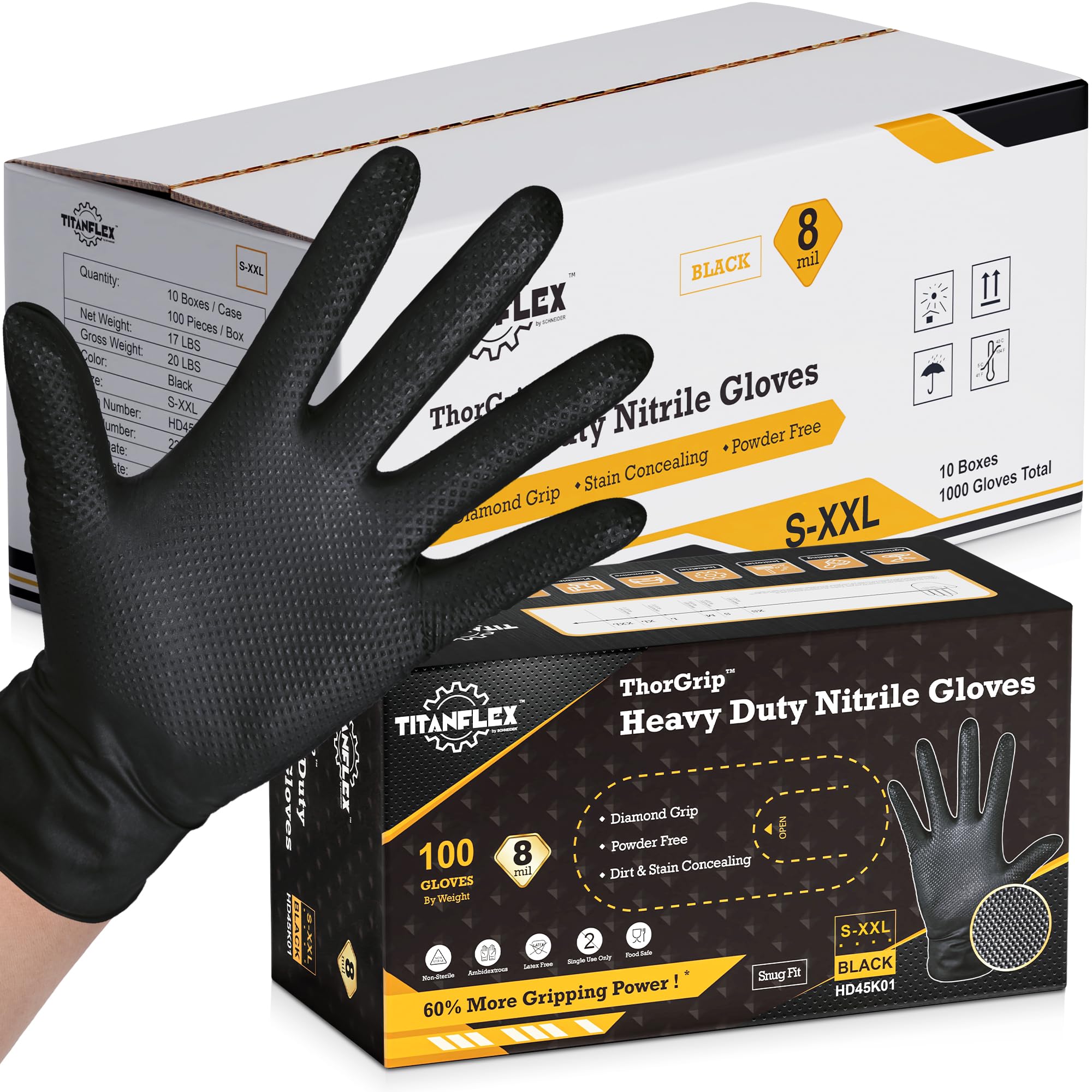 Photo 1 of TitanFlex Heavy Duty Black Industrial Nitrile Gloves, 8-mil, Small, Box of 50, Latex Free, Raised Diamond Texture, Powder Free, Food Safe, Rubber Gloves, Mechanic Gloves