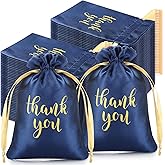 Roowest 100 Pcs Thank You Satin Gift Bags Drawstring Jewelry Candy Pouches for Wedding Bridal Shower Baby Shower Favor Drawstring Bag for Birthday Holiday Party(5 x 7 Inch,Navy Blue)