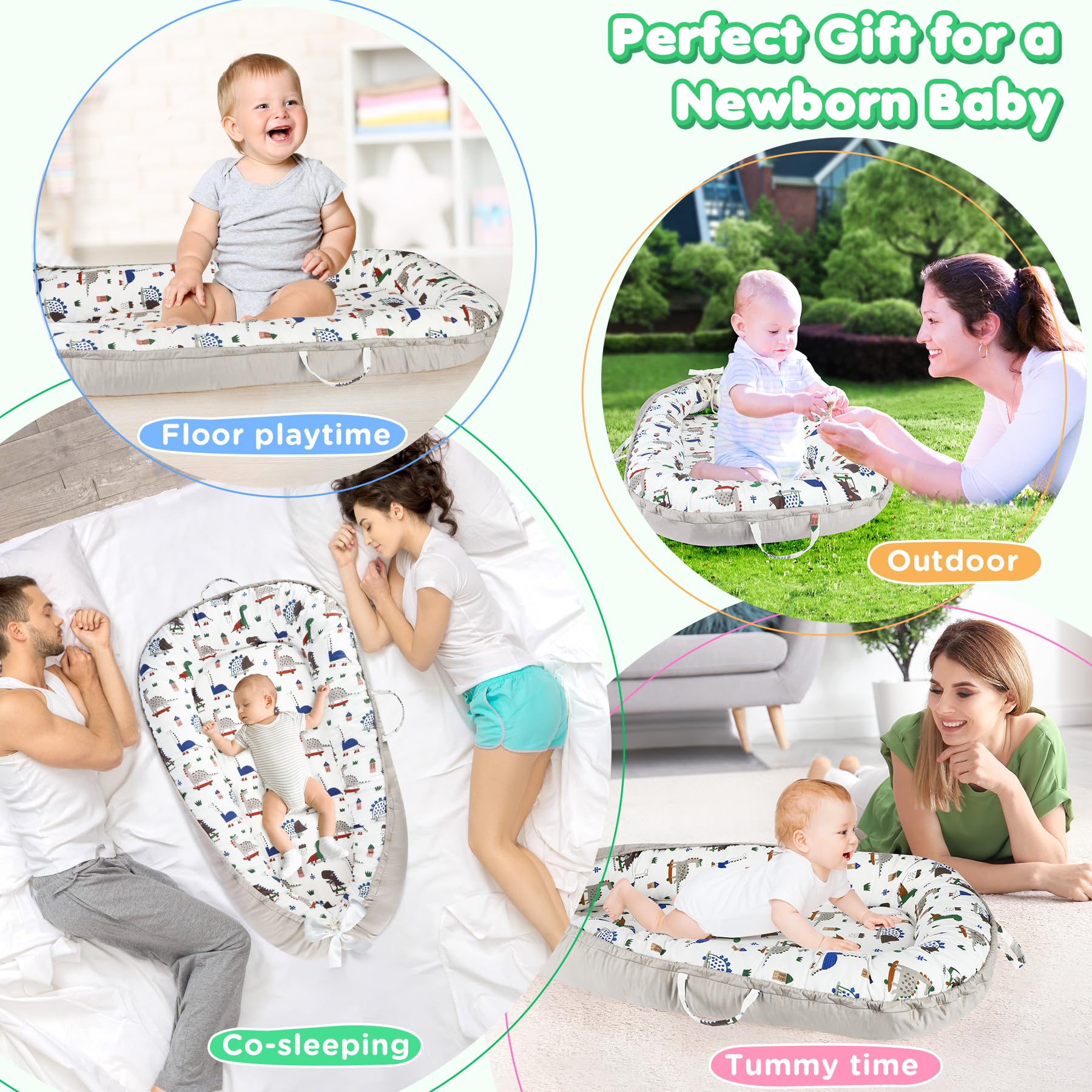 Baby Lounger - Baby Lounger for Newborn 0-24 Months, Breathable Pure Cotton Baby Nest Lounger Cover, Baby Registry Newborn Essentials Gifts, Portable Floor Tummy Time Lounger for Home & Travel