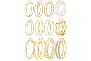 FANDY Gold Hoop Earrings Set for Women, 12 Pairs Hypoallergenic Large/Big Thin Thick Gold Hoops Earrings Loop Pack for Jewelry Gift 40mm/50mm