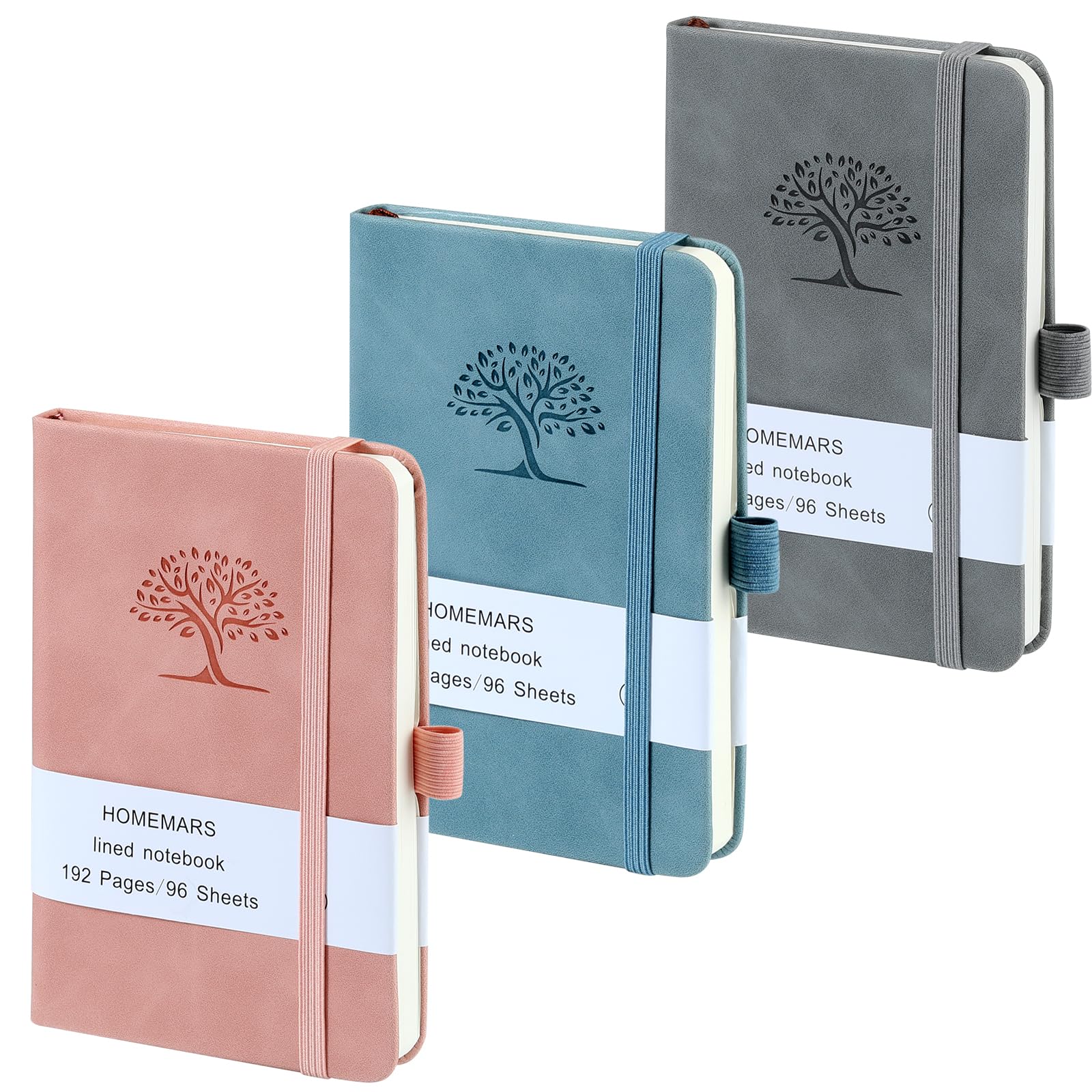 HOMEMARS Pocket Notebook, Small Notebook, 3 Pack, Pocket Notepad,14.4 cm x 9.6cm, A6 Notebook, Small Notepad, Pink, Blue,Gray, 192 Pages Each, Hardcover, Embossing Tree Design, Lined Paper