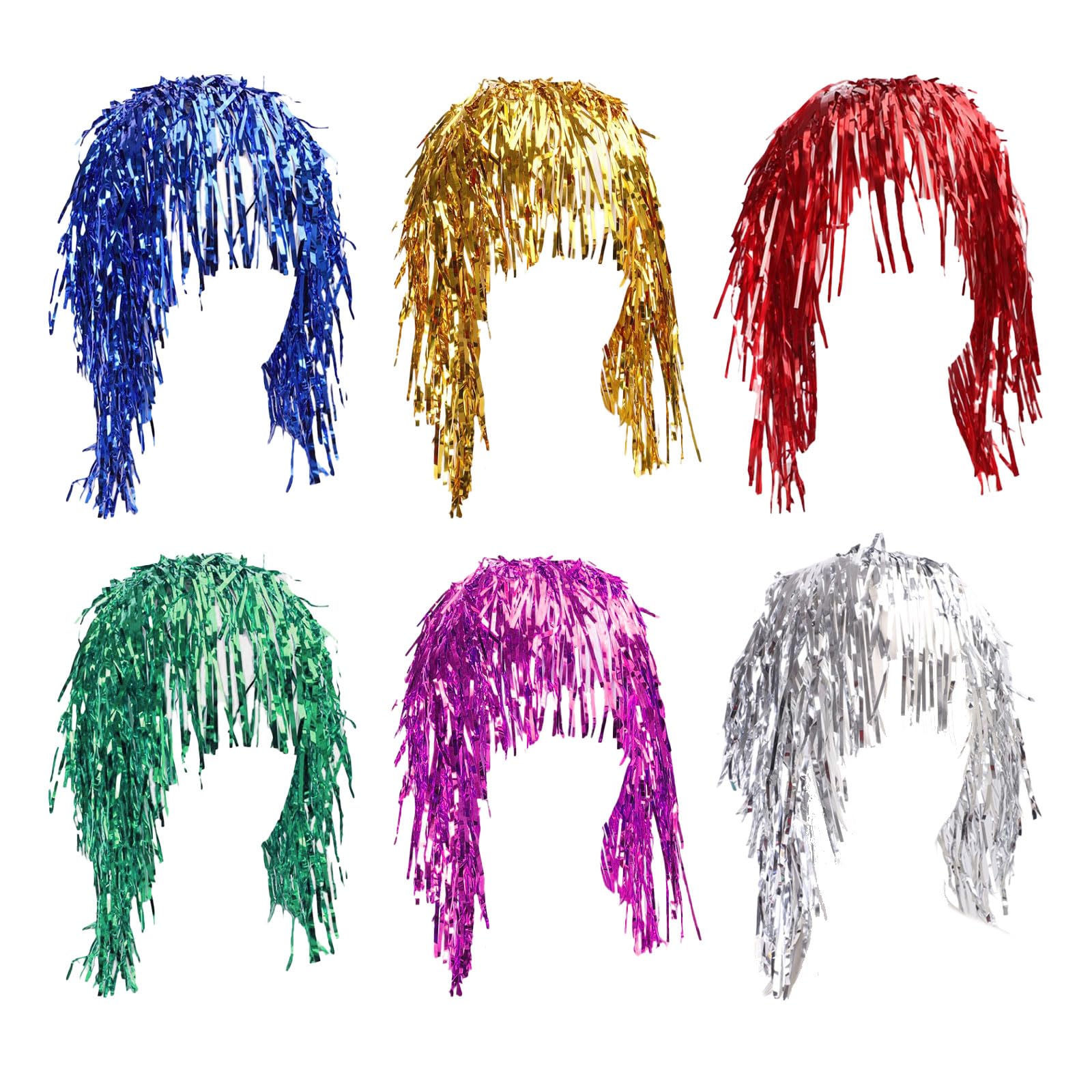 FUIPVGI 6 Pcs Foil Wigs, Costume Cosplay Wig for Fancy Dress Shiny Party Costume Cosplay Photo Props, Fancy Dress Shiny Party Wig, Colorful Wigs for Halloween, Christmas (Multicolor)