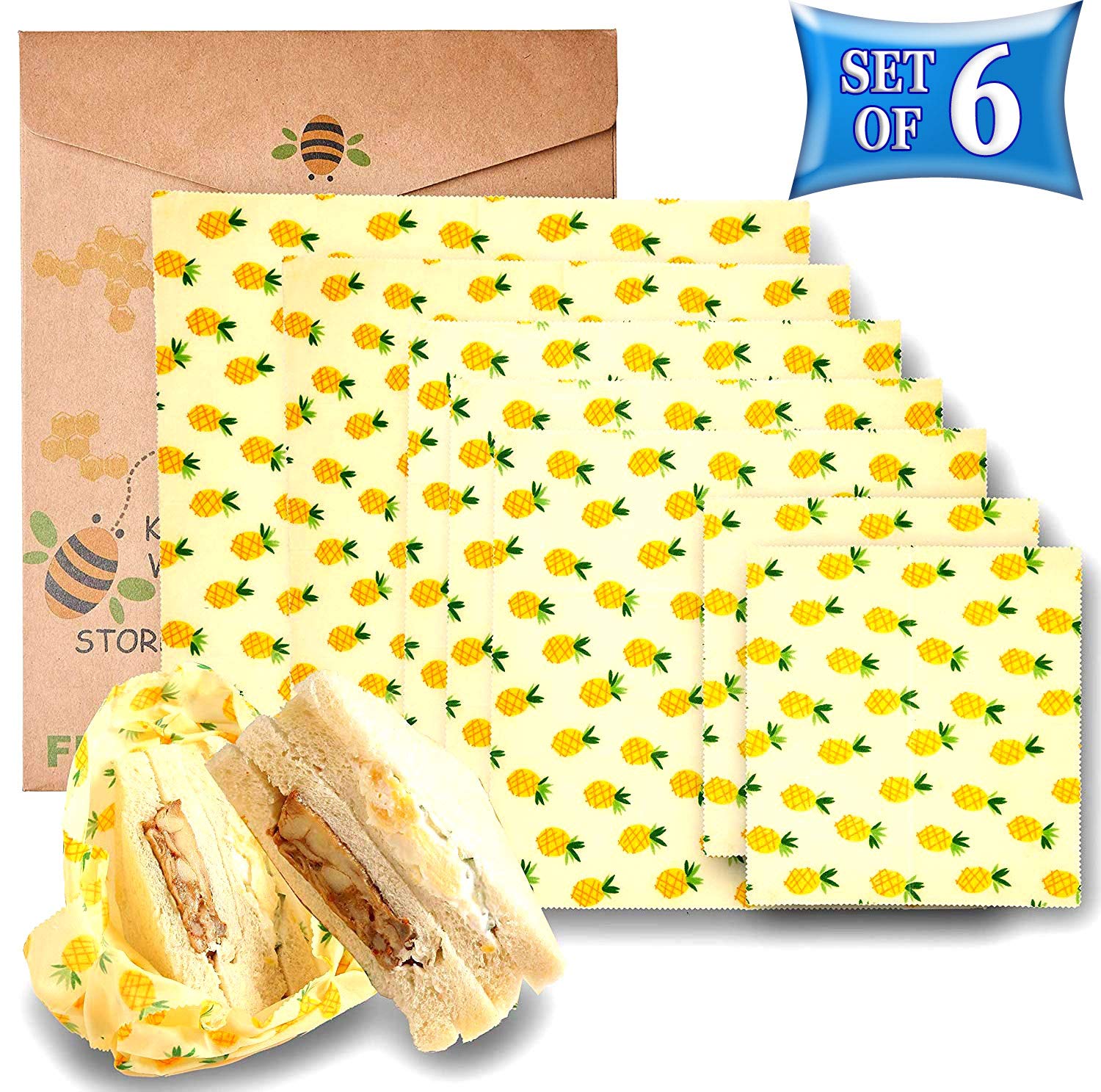 Beeswax Warp Wachspapier, 6er Set Wiederverwendbare Bienenwachstücher Bio Bienenwachs Lebensmittelverpackung Verschiedene Größe für Obst, Gemüse und Brot waschbare