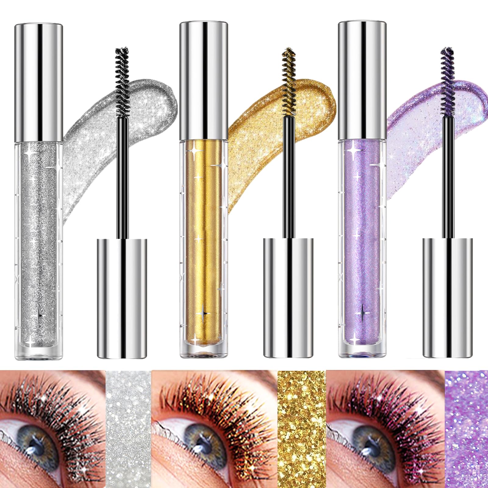Bekoeen 3PCS Glitter Eyeshadow Mascara, Lengthening Volumizing Colorful Lashes, Sparkling Diamonds Silver Waterproof Mascara for Eyelashes, Party Wedding