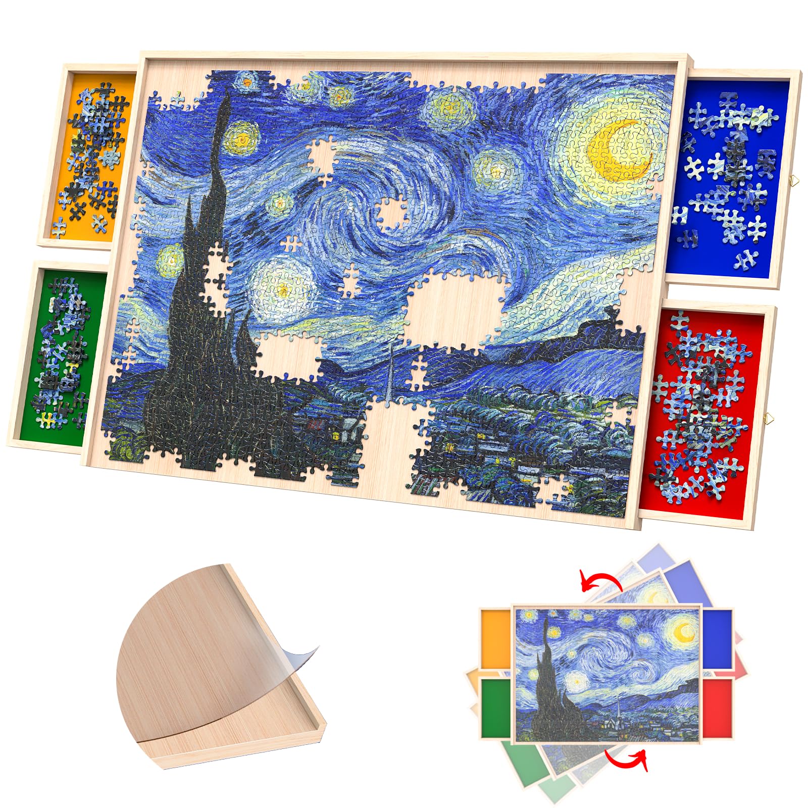 Rotatable 360-Degree Wheels Puzzle Board with Drawers and Cover 1000 Pieces Lightweight Portable Wooden Puzzle Table for Adults Kids Size 30