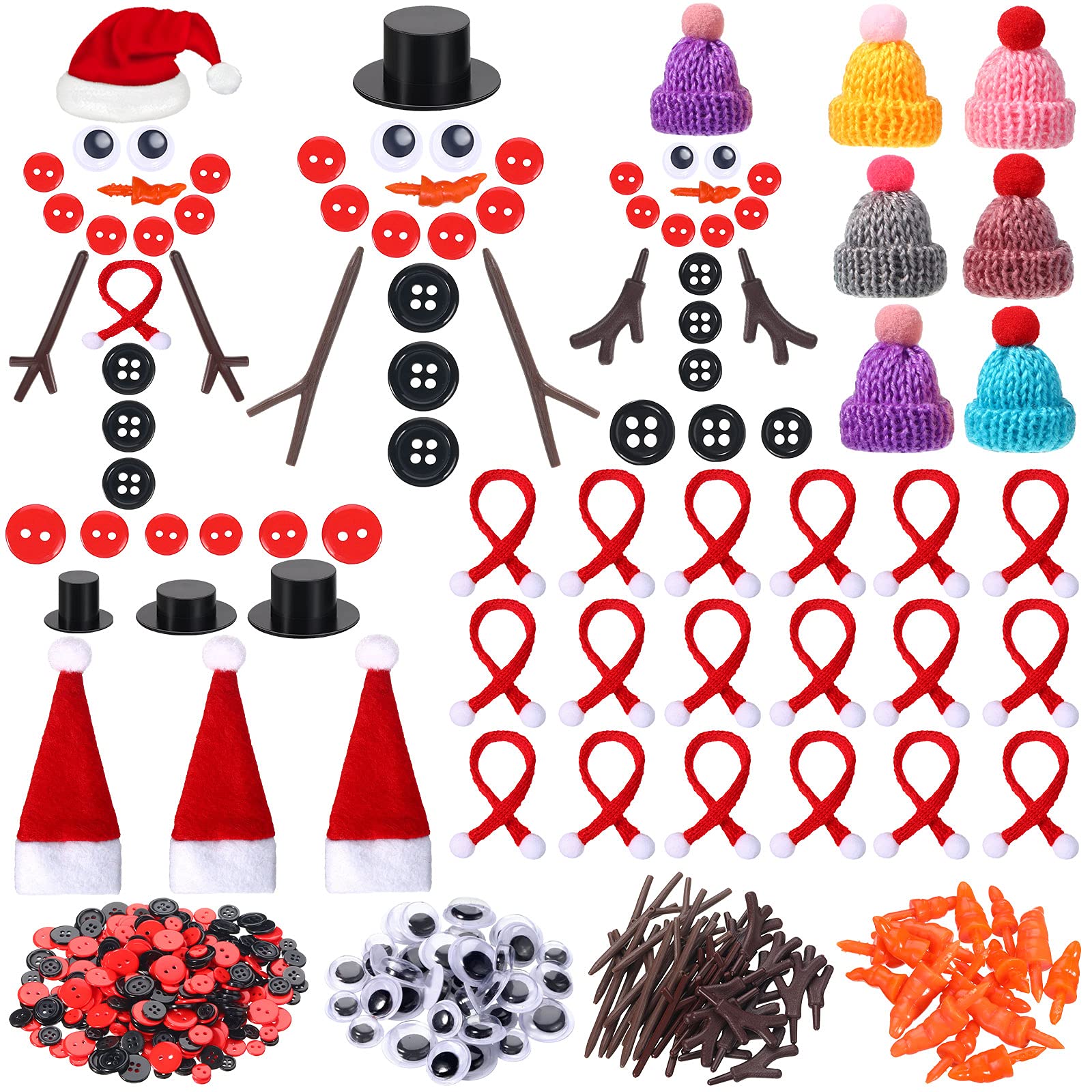 Photo 1 of 450 Pieces Christmas Snowman DIY Craft Kit Included Mini Hats Plastic Eyes Carrot Noses Branches Hands Tiny Black Red Buttons Knitted Scarves for Xmas Snowman DIY Craft Crafting Sewing Party Supplies