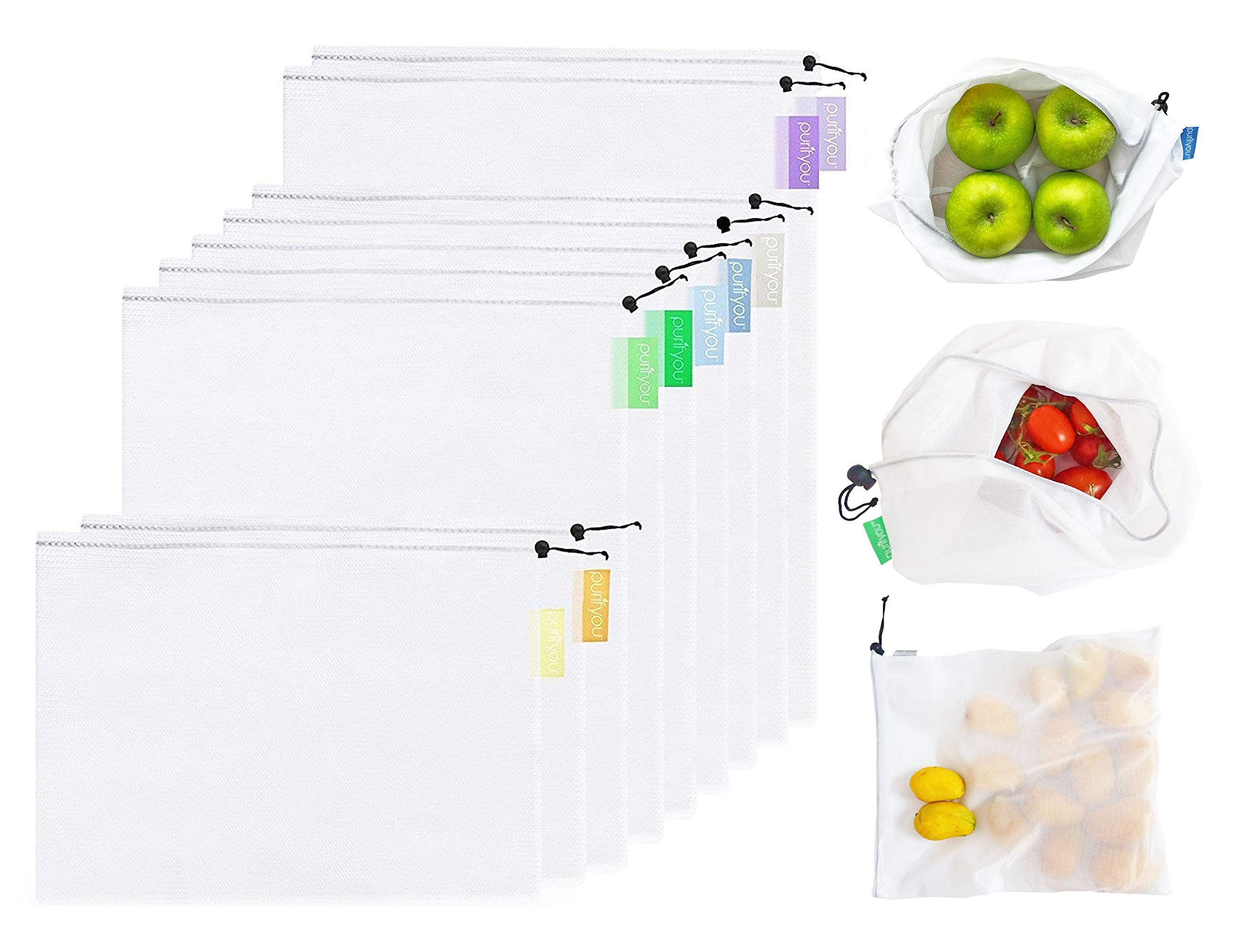 purifyou Reusable Grocery & Produce Mesh Bags with Pastel Color Coded Tare Weight Tags. for Grocery Shopping, Fruits, Veggies, and Snack Bags - Small, Medium, Large (Set of 9)