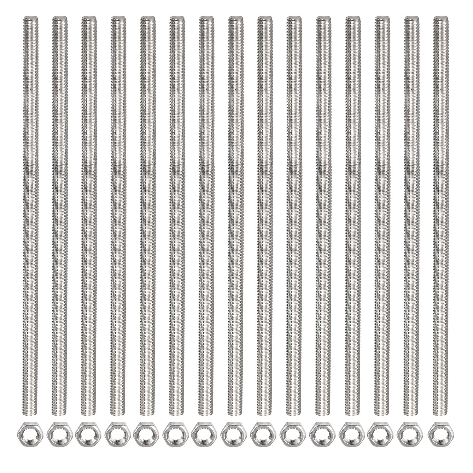 Rebower Fully Threaded Rod (with 15 Pcs Hex Nuts),Stainless Steel Fully Threads Studs[for Assembly Fastening] - M3 x 200mm,0.5mm Pitch/ Silver/ 15 Pcs