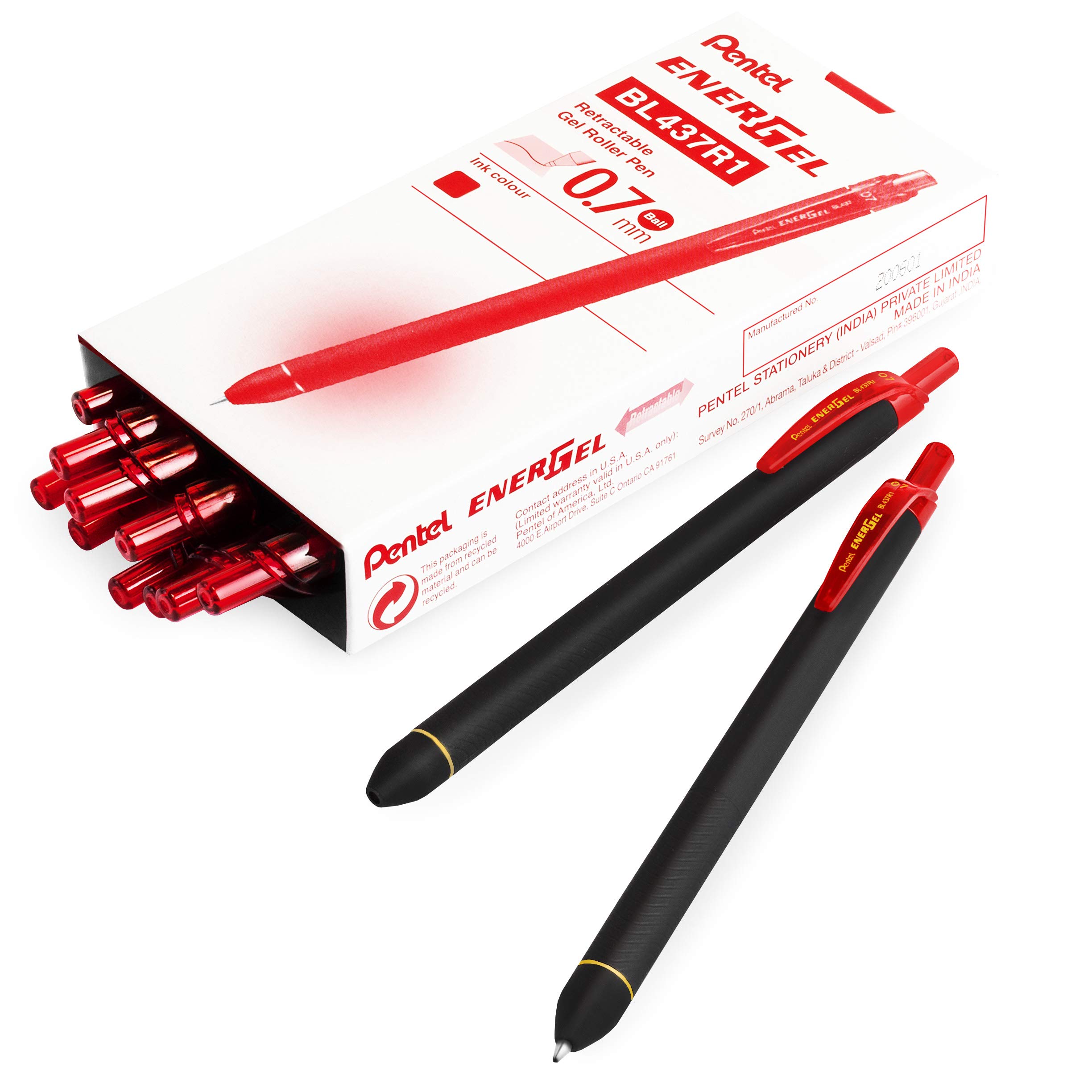 Pentel Energel BL437R1 Retractable Gel Ink Rollerball Pen - 0.7mm Nib - Red - Pack of 14