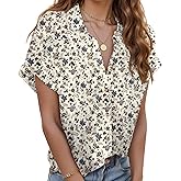 Zeagoo Linen Shirts for Women Cotton Short Sleeve V Neck Collared Button Down Blouses Tops S-3XL