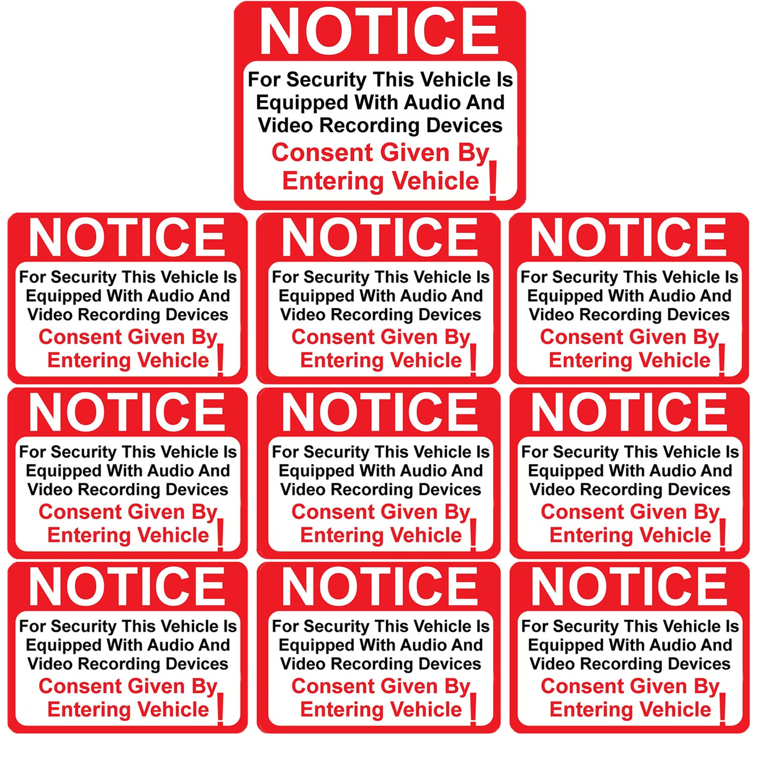 10 Pack Notice Vehicle is Equipped with Audio and Video Recording Devices Consent by Entering Sticker - Self Adhesive 2½ X 3½\