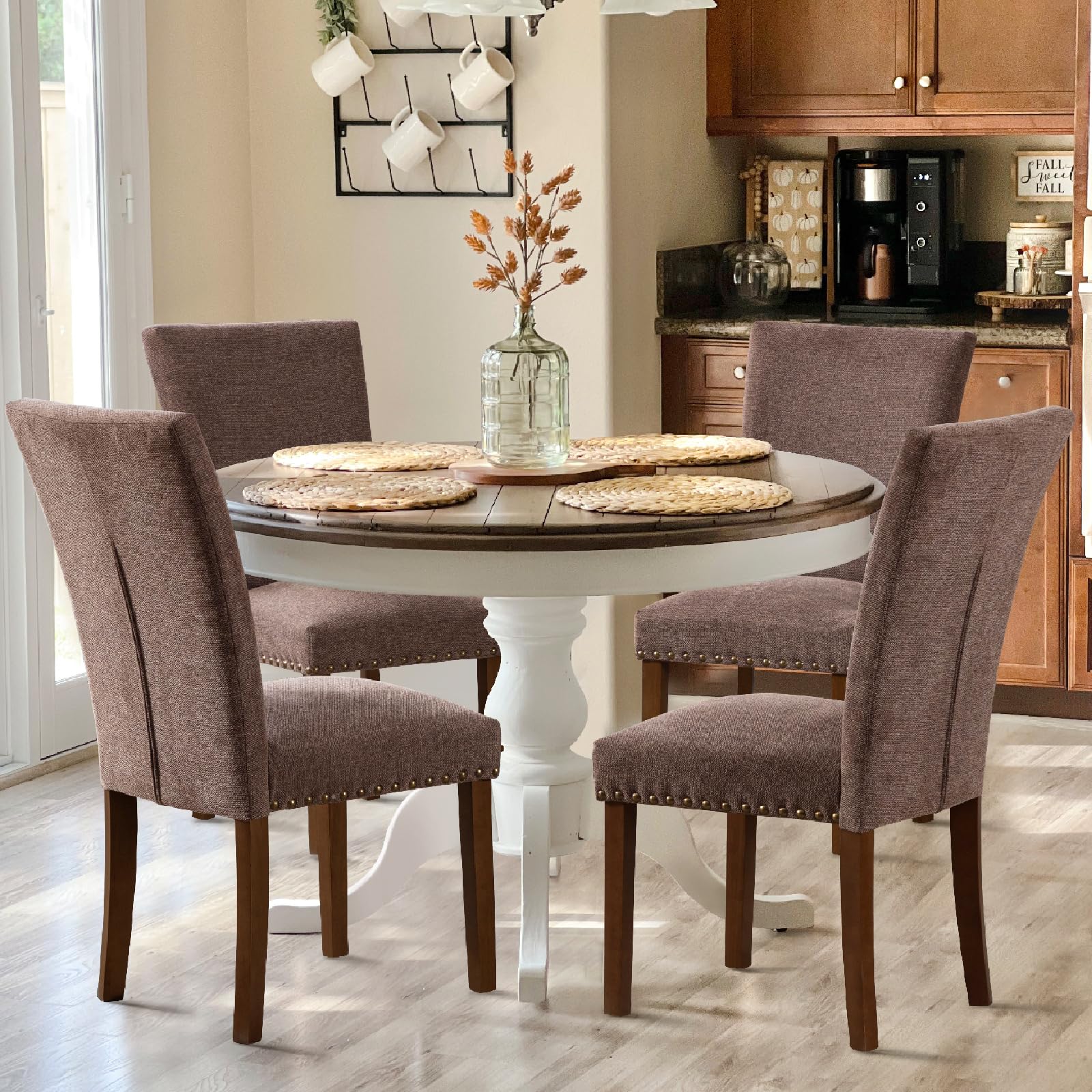 Photo 1 of COLAMY Upholstered Parsons Dining Chairs Set of 4, Fabric Dining Room Kitchen Side Chair with Nailhead Trim and Wood Legs - Brown