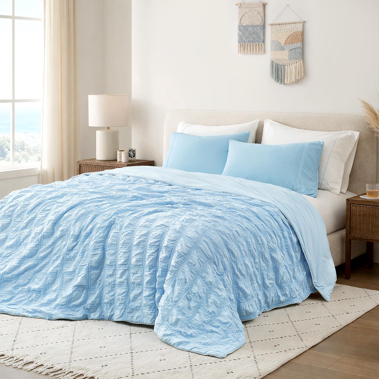 Cozy Bliss Cooling Comforter Seersucker Plaid King Size, Q-Max 0.45 Lightweight Cooling Blanket, Breathable Silk Smooth Summer Bedding Quilt for Hot Sleepers Night Sweats Blue Image