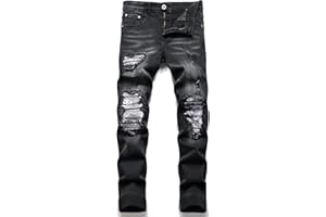 OIIIO Men's Patch Ripped Stretch Regular Fit Jean