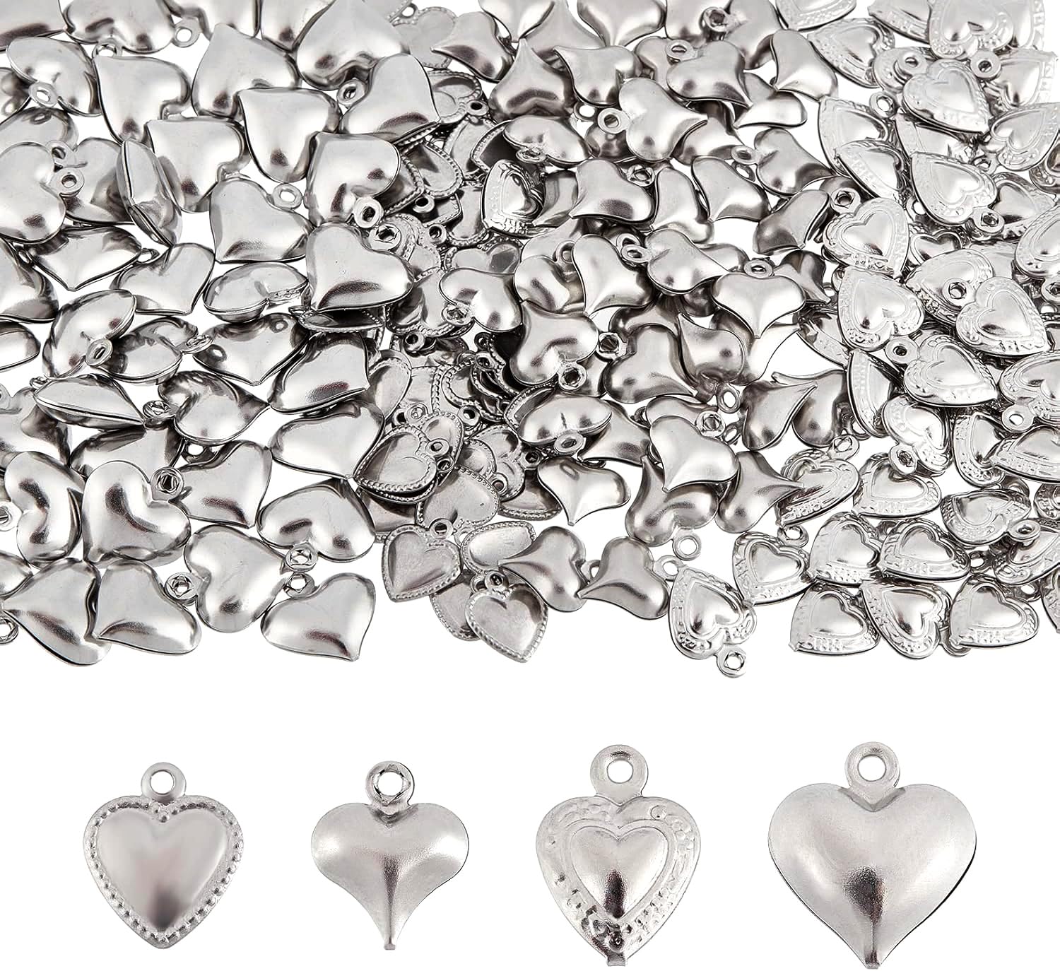 DICOSMETIC 200pcs 4 Styles Puffed Heart Charms Stainless Steel Small Love Charms 3D Sacred Heart Charms Warmful Mother's Day Charms for DIY Jewelry Making, Hole:1mm