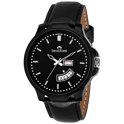 Swisstone BK330G-BLK Black Leather Strap Wrist Watch for Men