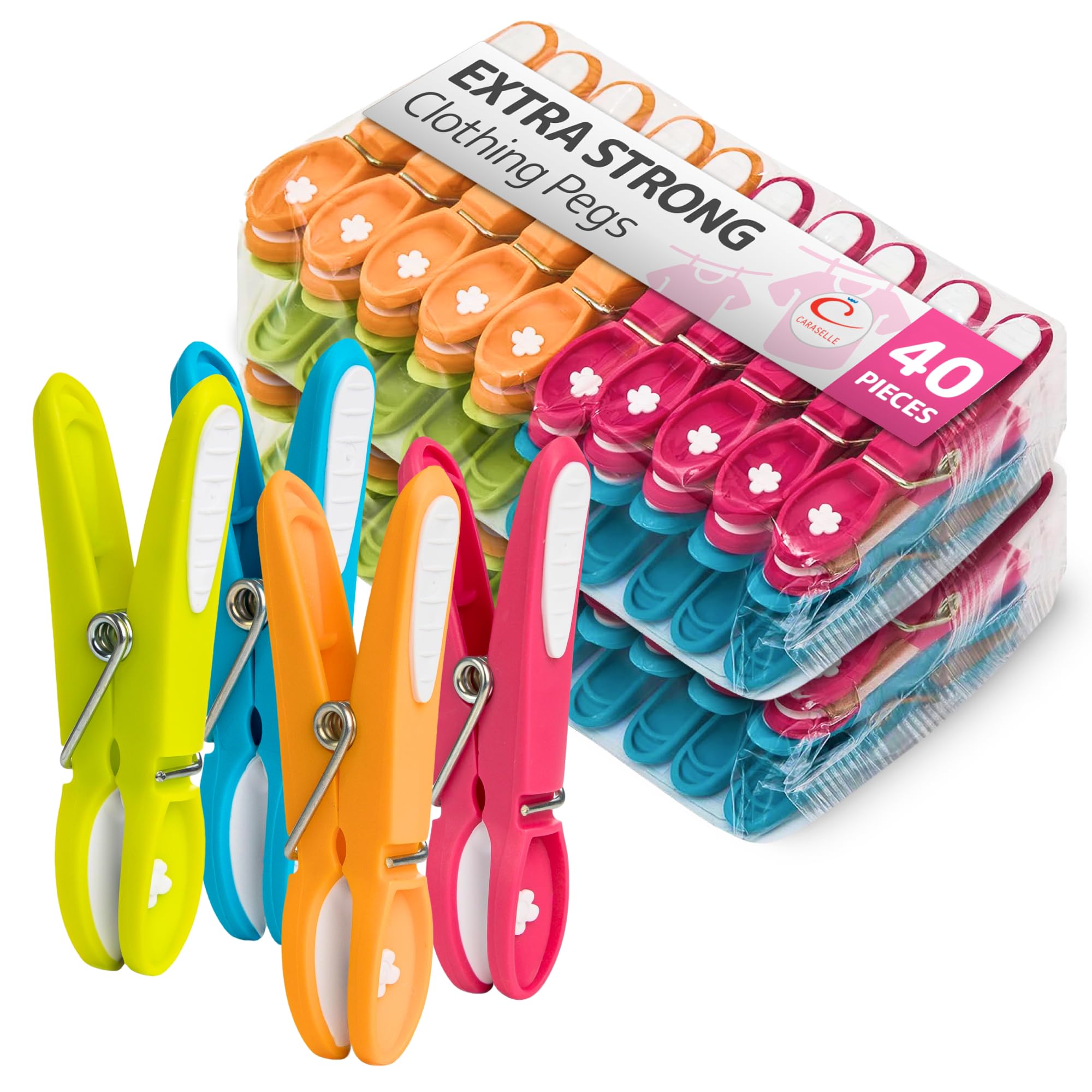 CARASELLE Clothes Pegs for Washing Line Strong - Non Slip Heavy Duty Washing Pegs w/Rubber Pad for Mark Free Secure Grip - Indoor Outdoor Plastic Clothes Pegs Strong Large Laundry Pegs - 40 pcs