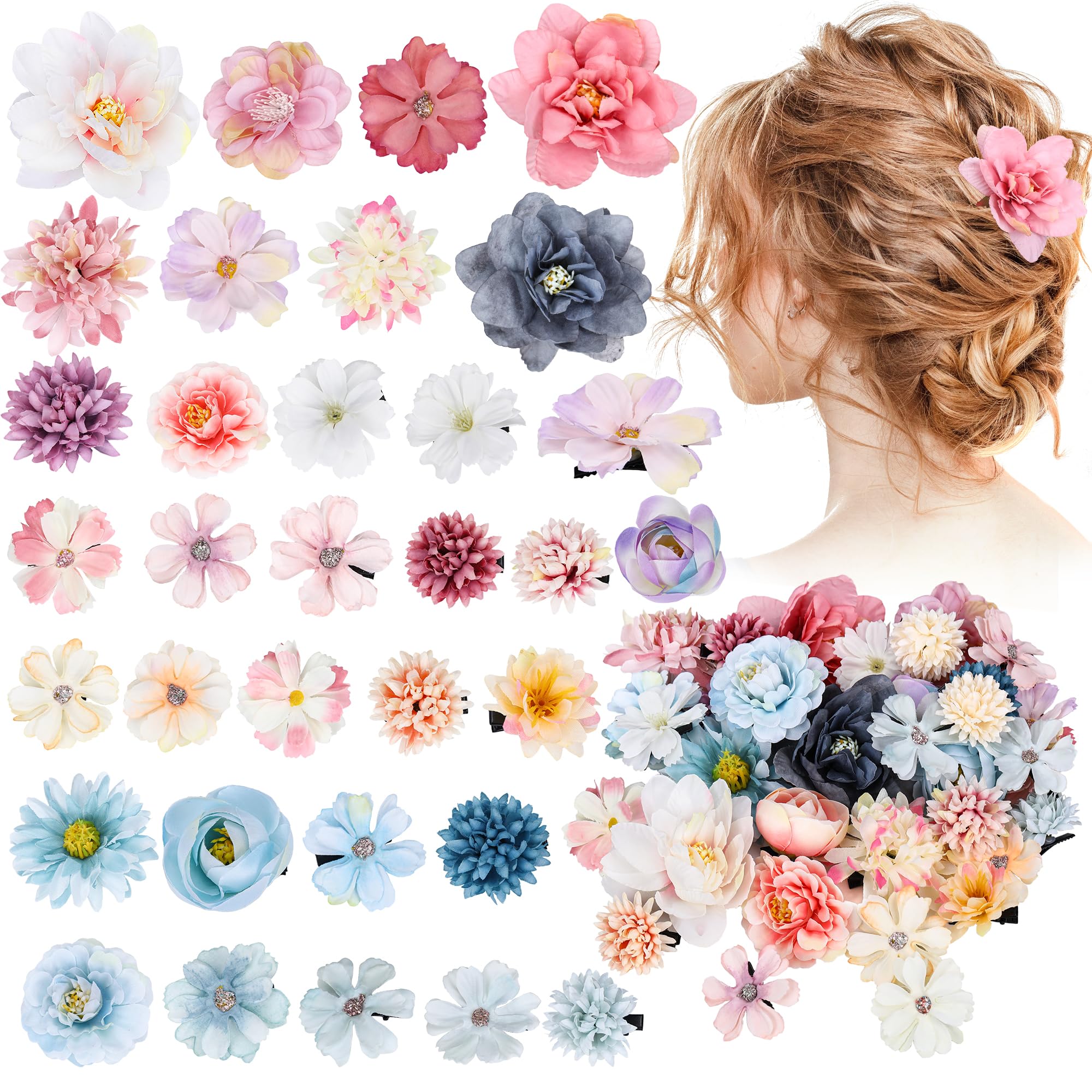 Photo 1 of KorViSHOW 32 Pieces Flower Hair Clip for Women Artificial Rose Hair Aaccessories Bride Claw Clip Floral Barrettes for Girls(Pink White Purple Blue)