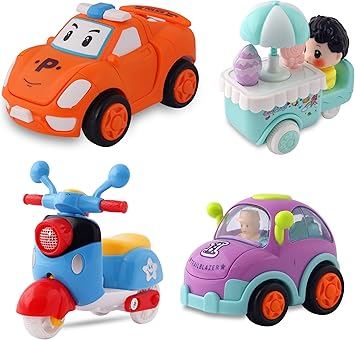 Gooyo Set of 4 Friction Powered Deformation Cartoon Toy Car| Friction Cartoon Toy Ice Cream Vendor| Friction Toy Scooter| Friction Toy Cartoon Car for Kids