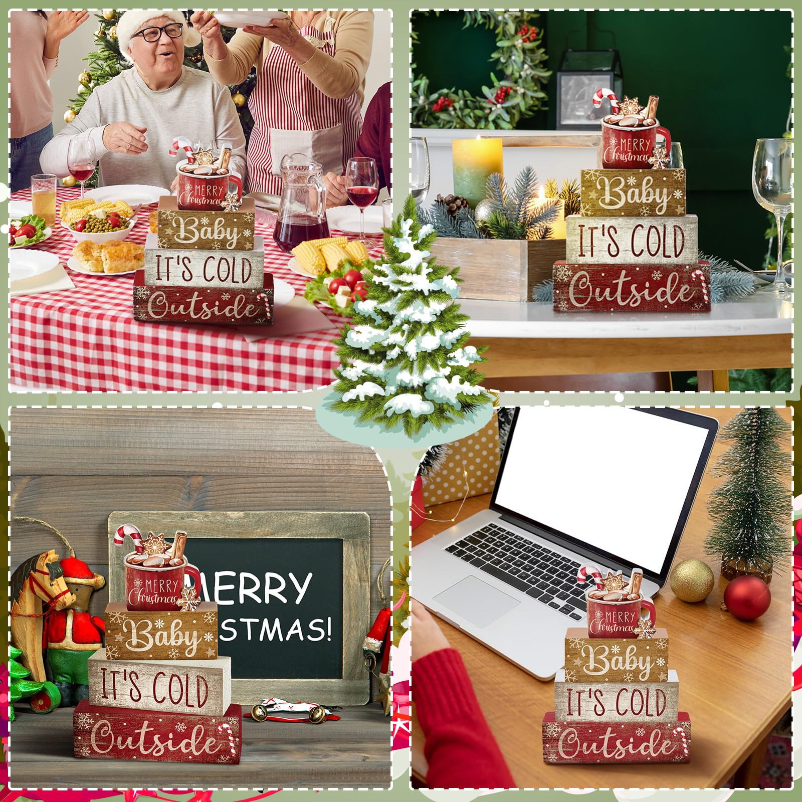 4 Pcs Christmas Table Decor Wooden Hot Cocoa Decoration Christmas Centerpiece Winter Tiered Tray Decor Decorative Red Hot Cocoa Block Signs Gift Farmhouse Xmas Decoration for Home Kitchen