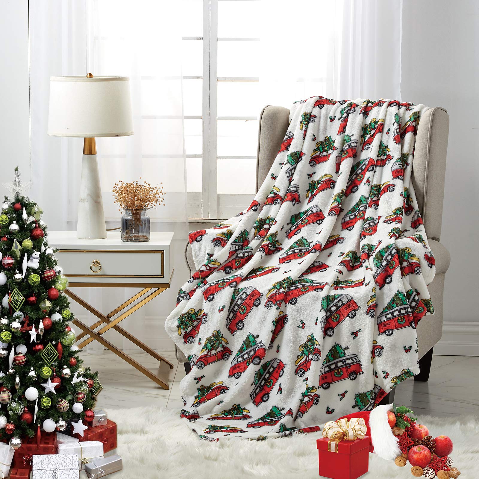 softan Christmas Fleece Blanket Throw,Plush Christmas Tree Throw Blanket 150 X 200 CM For Sofa Couch Single Bed,Lightweight Super Soft Twin Size Flannel Fleece Blanket,Car Tree