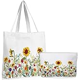 Sadnyy 2 Pcs Sunflower Aesthetic Canvas Tote Bags with Makeup Zipper Pouch for Women Valentine Galentine Cute Floral Reusable Shoulder Tote Bag for Teacher Beach Shopping Travel Work Gym Grocery