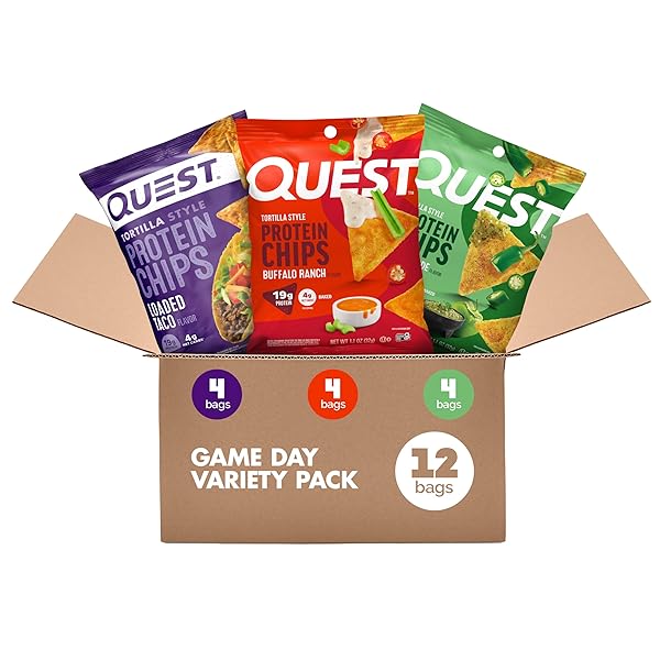 QUEST NUTRITION GAME DAY TORTILLA STYLE PROTEIN CHIPS VARIETY PACK, BUFFALO RANCH X4, SALSA VERDE X4, LOADED TACO X4, 12 COUNT