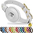 OOPSDOGGY Leather AirTag Cat Collar with Bell - Non Breakaway Kitten Collar with Apple Air Tag Holder - Lightweight GPS Pet Collars for Girl Boy Cats, Small Dogs, Puppies (White)