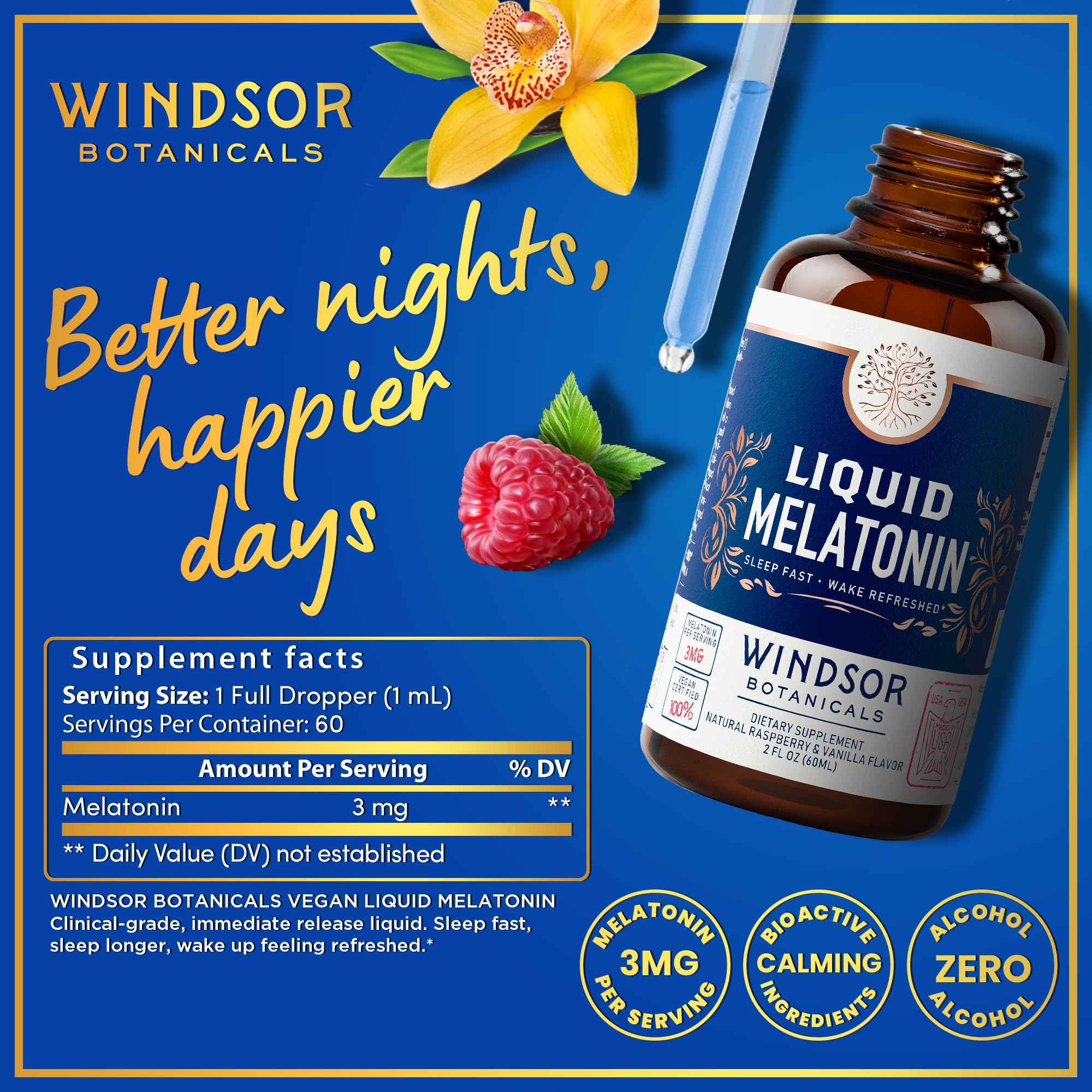 Liquid Melatonin for Adults and Kids 6 Years Up - 3mg Melatonin Drops Extra Strength Liquid Sleep Aid - Fast Absorbtion, Raspberry Vanilla Flavor Melatonina - 2oz, 2-Month Supply, Made in USA