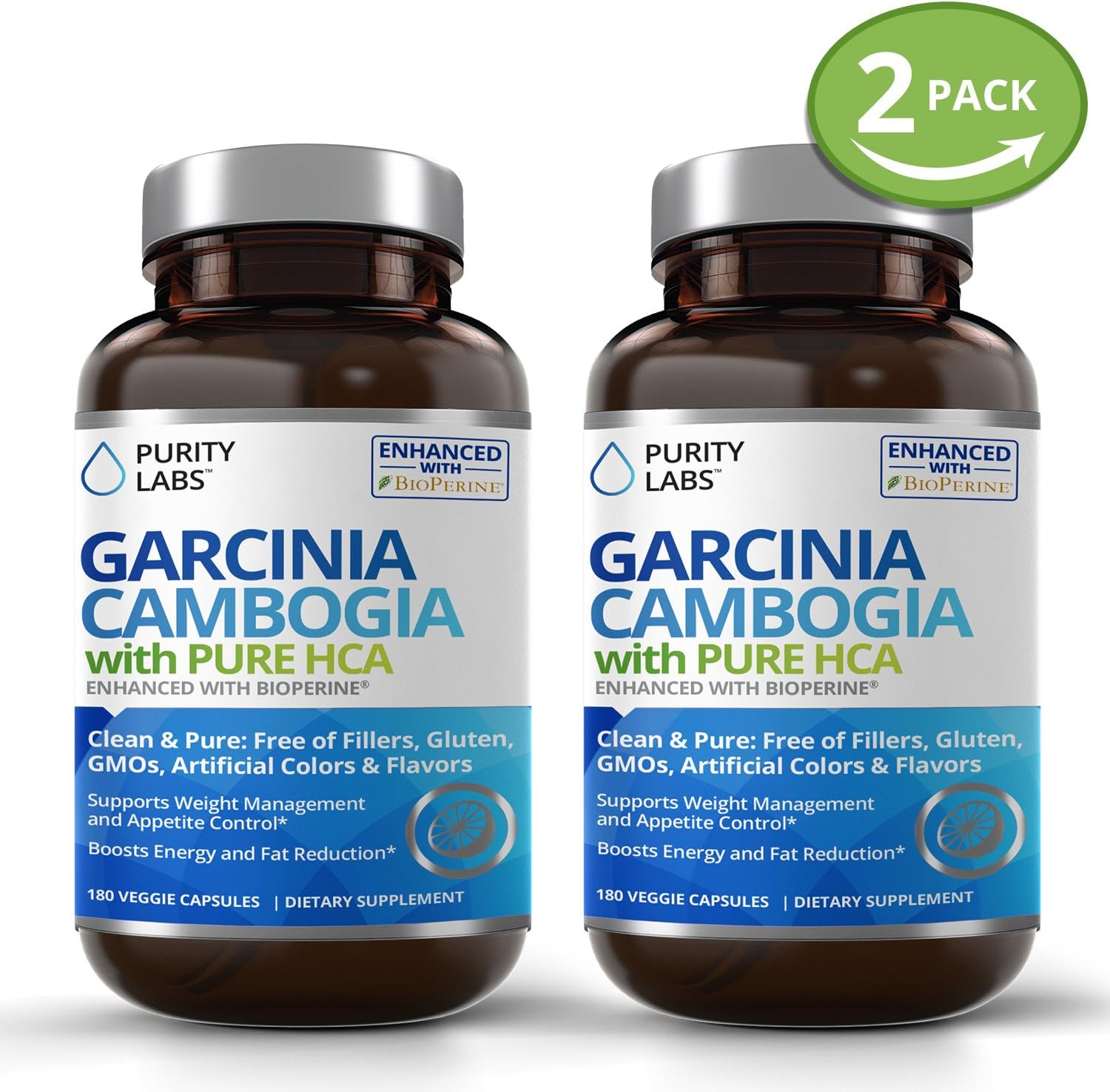 2 Bottle Bundle - Save an Extra 10% - 100% Pure Garcinia Cambogia Extract with HCA - 180 Veggie Caps - Natural Appetite Suppressant - FREE of Fillers, Gluten, GMOs, Artificial Colors and Flavors
