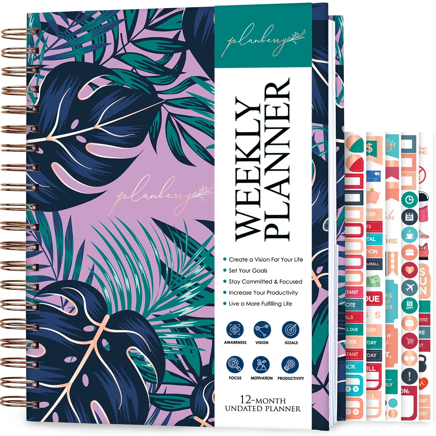 PLANBERRY Weekly Planner Large – Elegant Life & Budget Planner to Hit Your Goals & Live Happier - Organizer & Productivity Journal - 20x27cm Hardcover, Undated + Stickers (Wild Purple)
