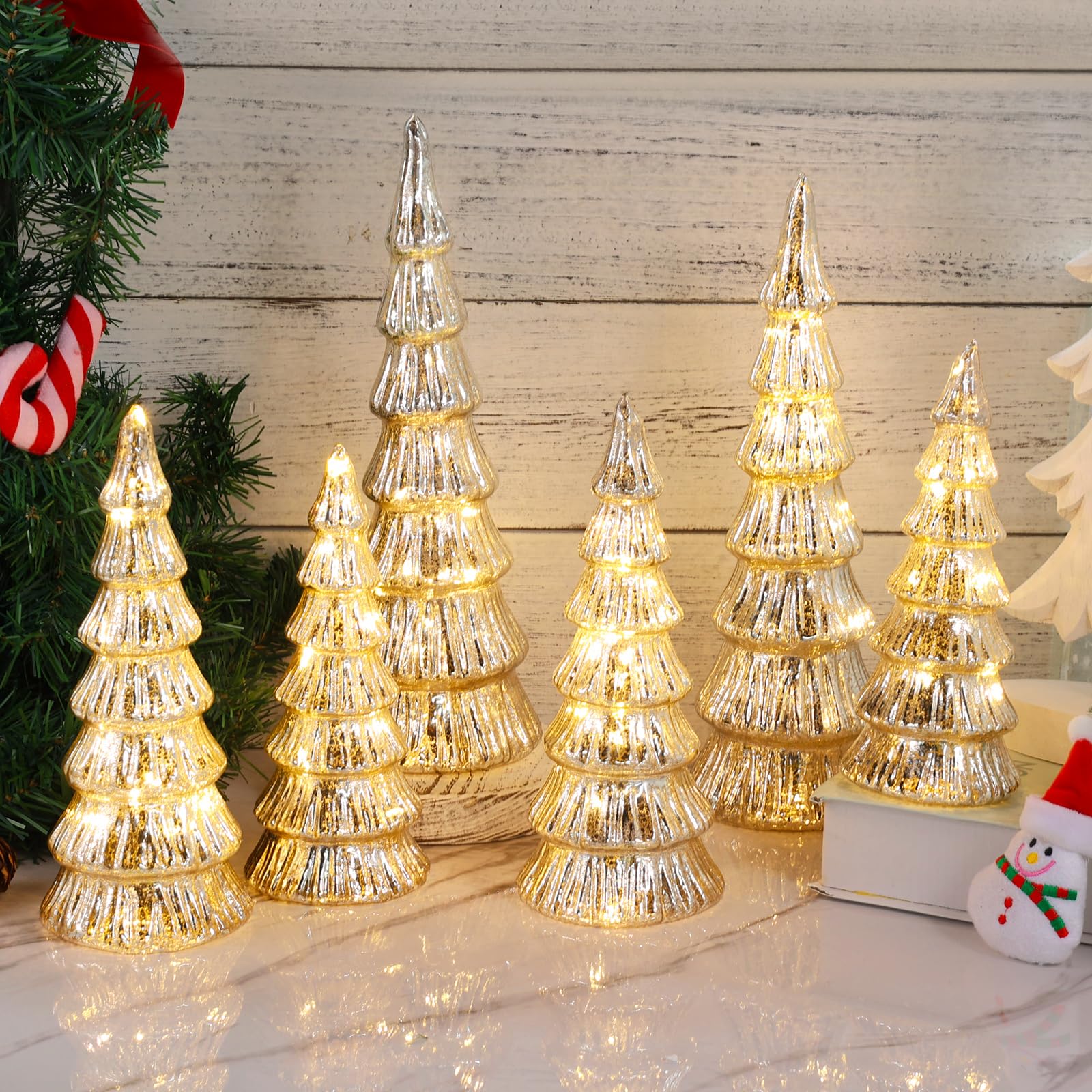 Photo 1 of 6 Pcs Mercury Glass Christmas Tree with Lights Battery Operated Lighted Tabletop Christmas Trees with Remote Control Silver Christmas Tree for Table Centerpieces Window Mantel Indoor Christmas Decor