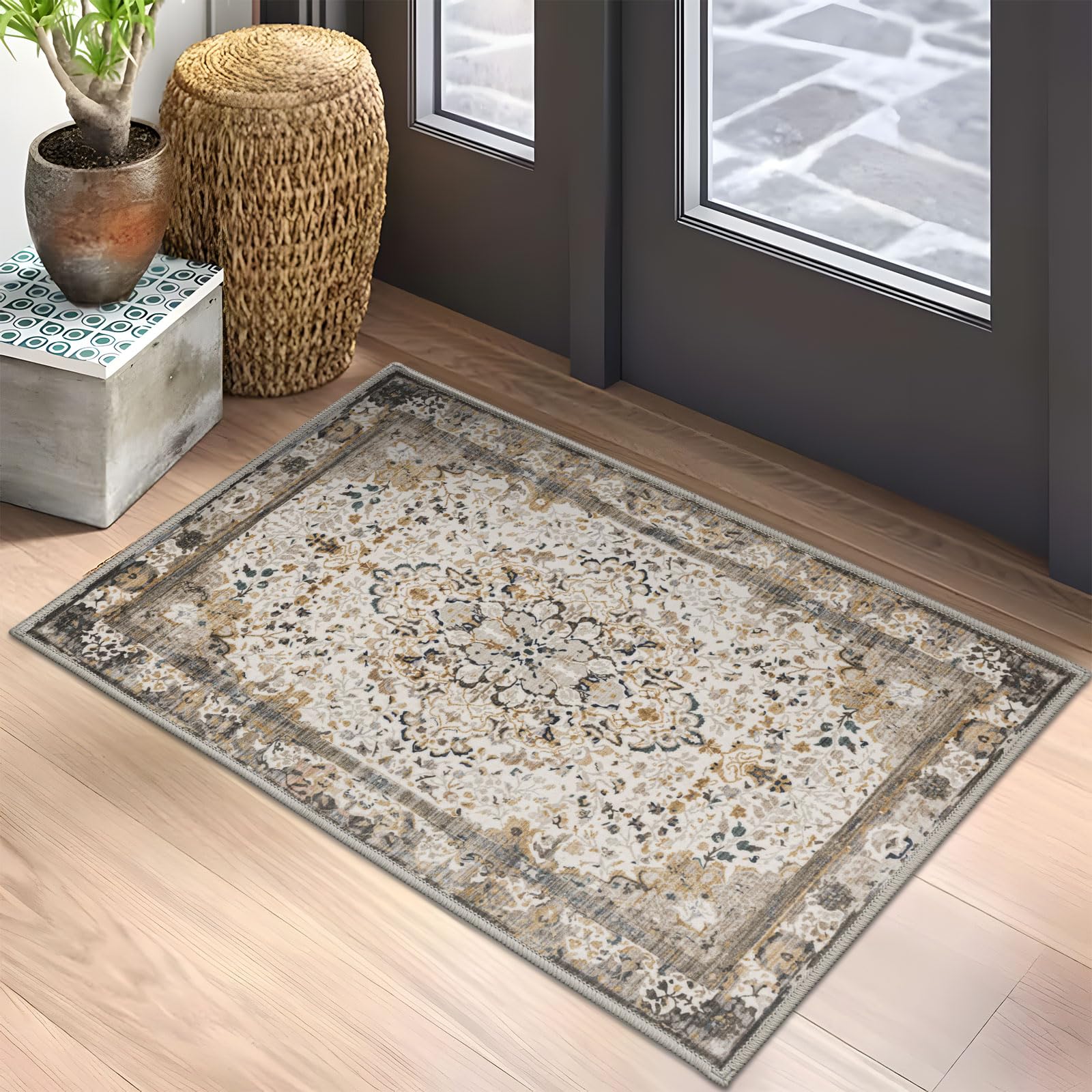 Rineflo-2'x3' Washable Indoor Doormat, Non-Slip Retro Door Mat ,Boho Mat Low-Pile Entryway Rug,Suitable for Bedroom, Study, Bathroom Entrance Carpet (Brown, 2'x3')