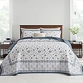 FineStichery Oversized King Bedspreads 120"x120" - 100% Cotton California King Quilt, Farmhouse Blue Floral Pattern, Extra Large Quilted Coverlet, Lightweight Reversible XL Bedding Set, 3 Pcs
