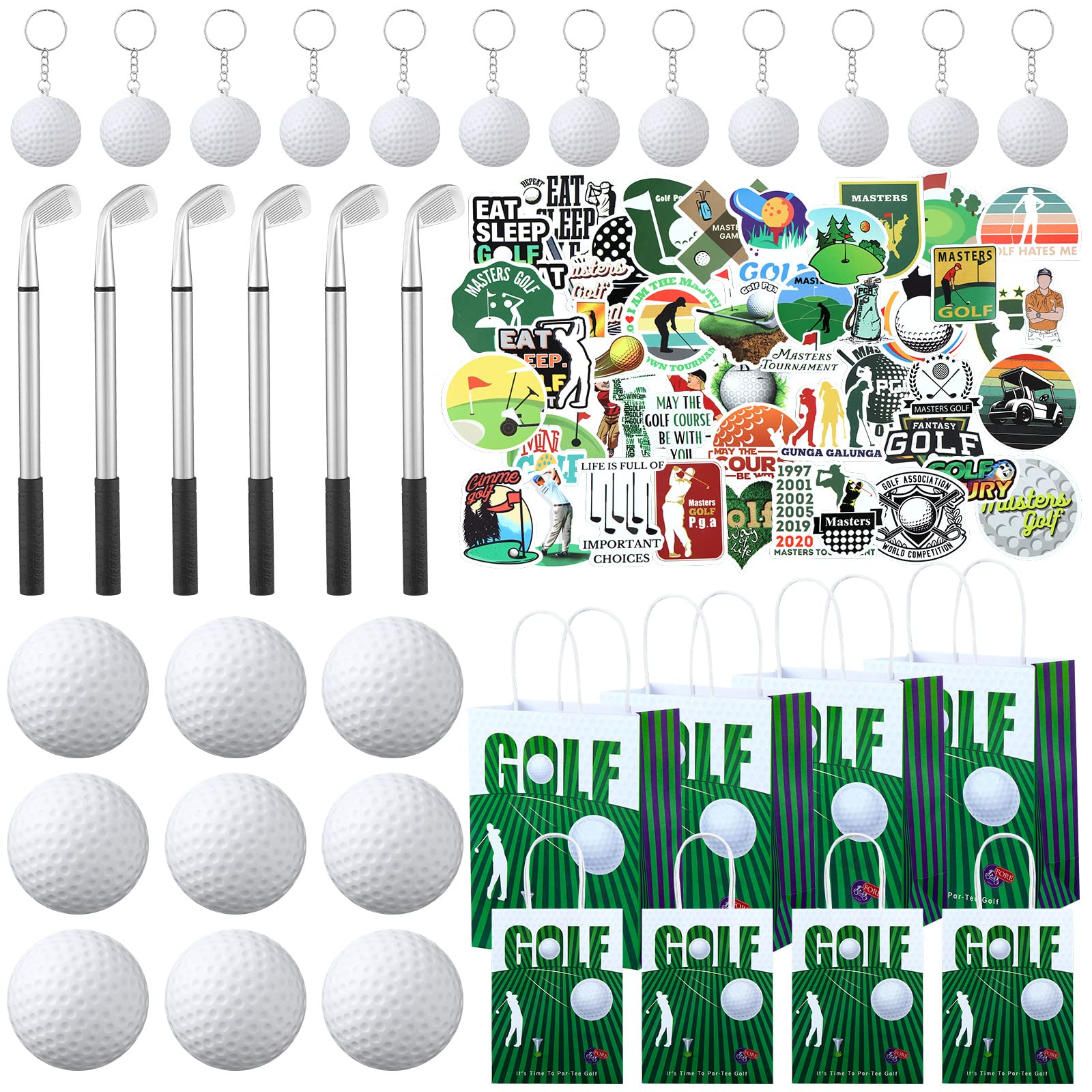 Photo 1 of Qeeenar 98 Pcs Golf Party Favor Set Includes Golf Ball Keychain Ballpoint Pen Sport Party Supplies Bags with Handles Stress Balls Stickers for Goodies Bags Filler