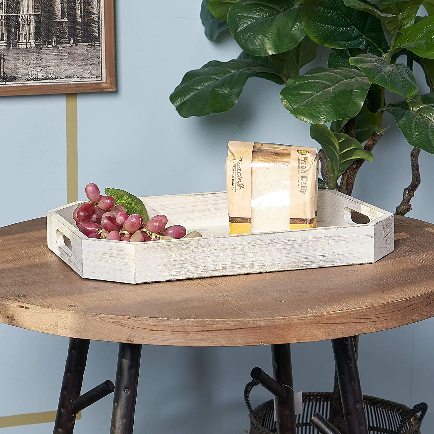  | 2PCS Octagonal Natural Wood Finish Serving Tray with Cutout Handles and Angled Edges, Antique Whitewash Food Tray, Rustic Ottoman display Platter: Serving Trays