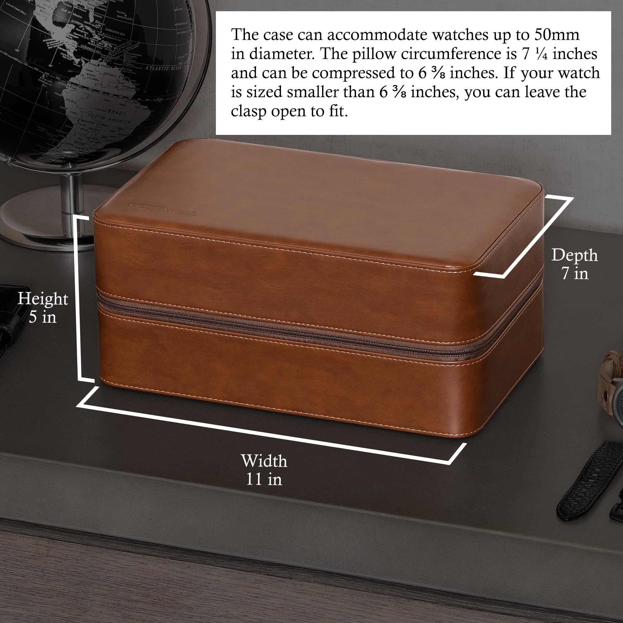 ROTHWELL 8 Watch Travel Case Storage Organizer for 8 Watches, Sunglasses, Rings & Cufflinks |Tough Portable Protection with Zipper Fits Most Wristwatches & Smart Watches Up to 50mm (Tan/Brown)
