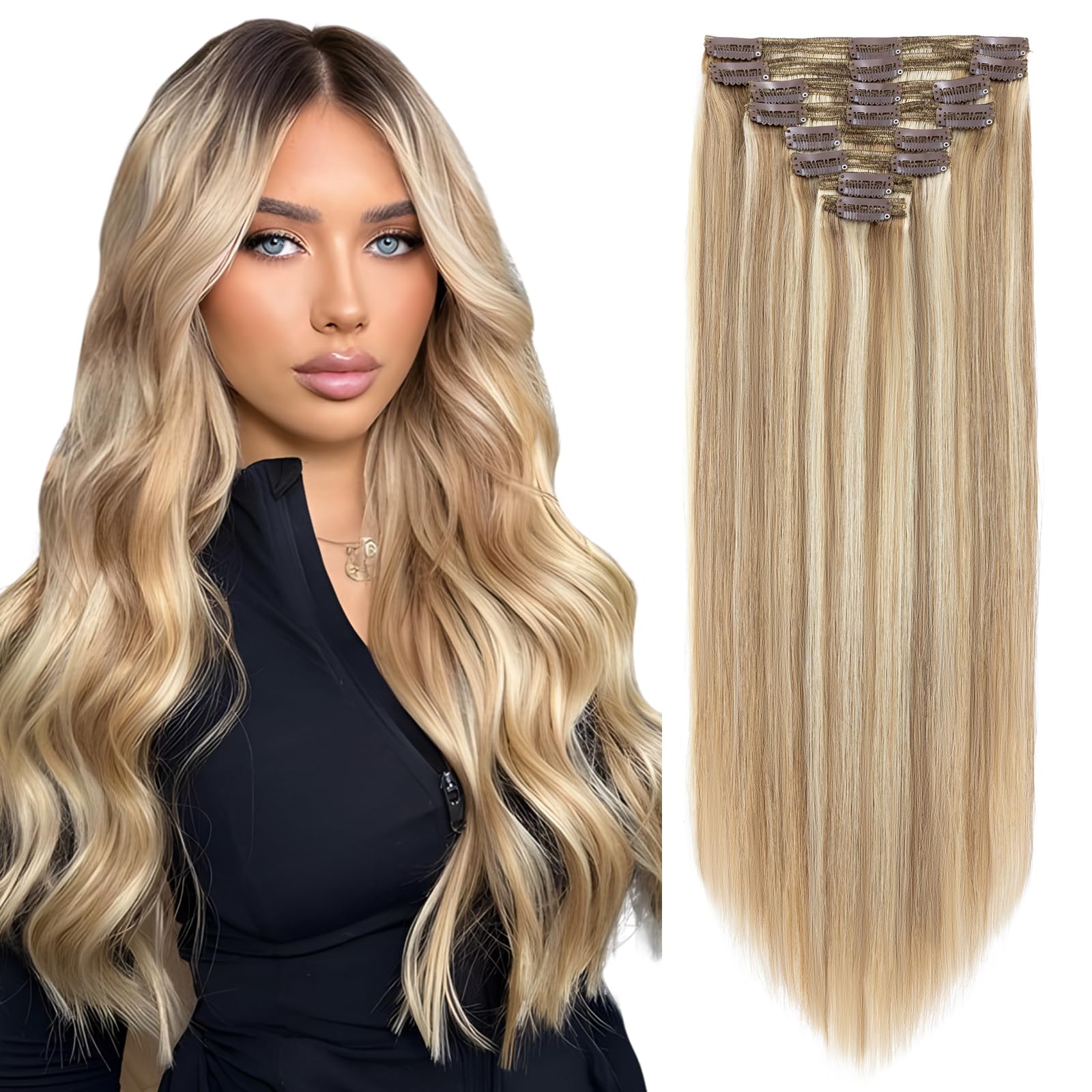 Elailite Double Weft Clip in Human Hair Extensions Real Remy Hair 8 Pcs Full Head Straight (#12/613 Golden Brown Mix Bleach Blonde, 20"-150g)