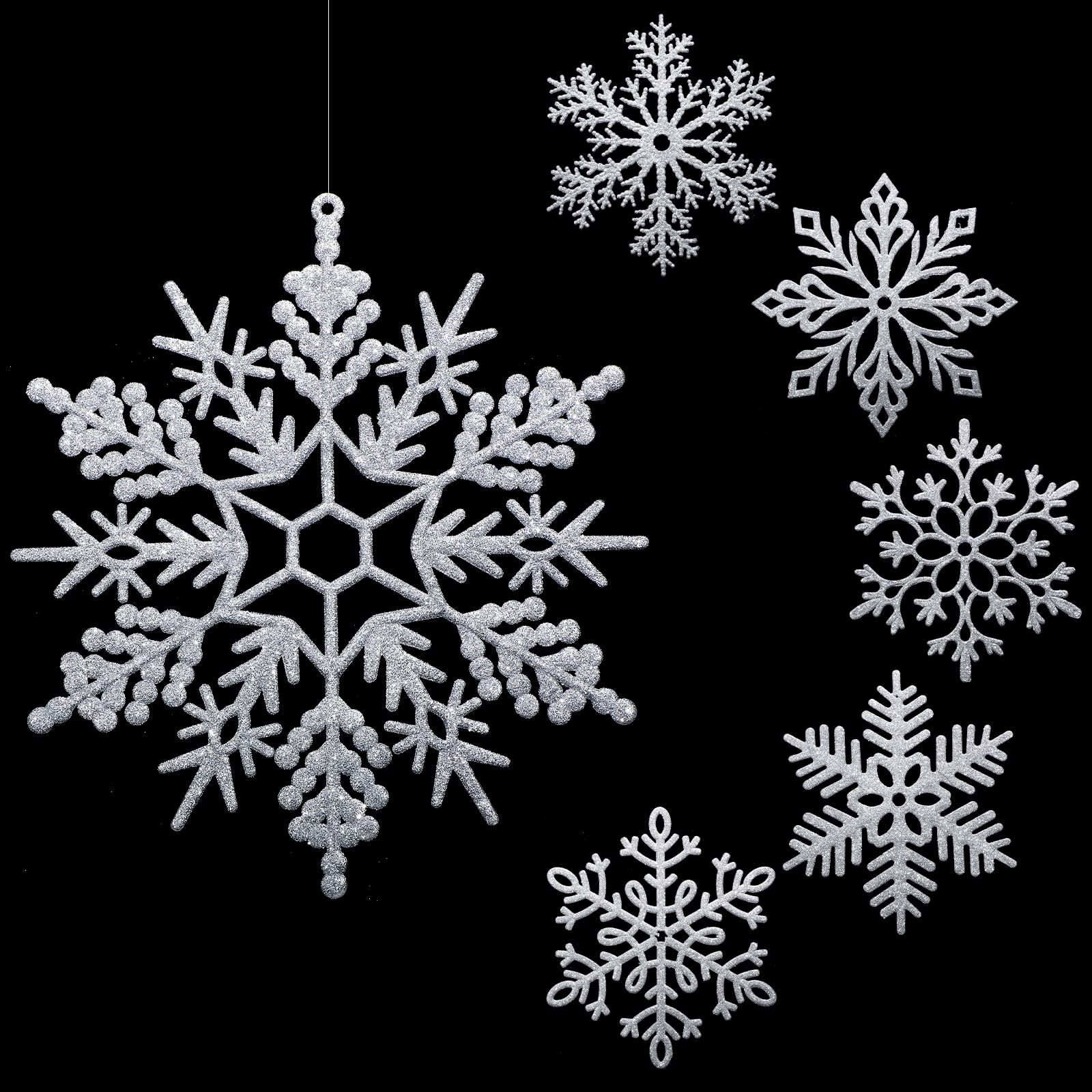 BBTO Large Snowflakes Ornaments 12" Glitter Giant Plastic Snowflake Decorations Oversized Winter Christmas Hanging Decor for Indoor Outdoor(Silver,12 Pack)