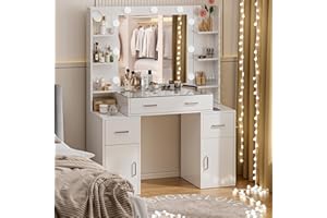 VALONDINO Makeup Vanity Desk with Lights, Glass Top Vanity with Charging Station, Vanity Mirror with 9 LED Lights Desk, Nightstand, Vanity Set with 3 Lighting Modes Brightness Adjustable,White