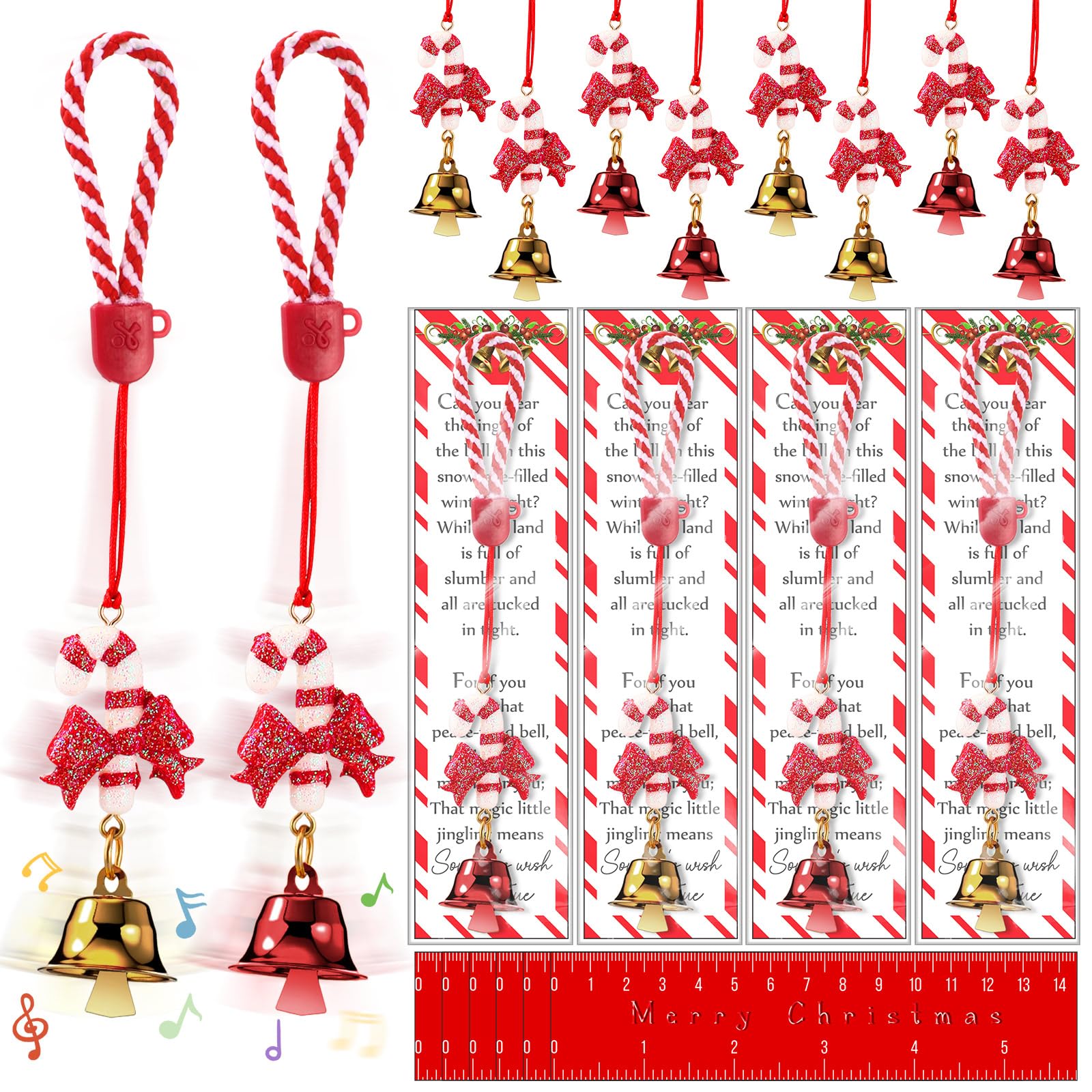 Photo 1 of 24 Sets Candy Cane Keychains Bulk with Bags Ruler Bookmarks Jingle Bell Winter Holiday Party Favors Classroom Favor Carnival Prize Winter Stocking Stuffers