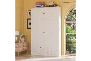 Hitow Wardrobe Armoire with 4 Louvered Doors, Wardrobe Cabinet for Hanging Clothes with 5 Drawers & Top Cabinet, Bedroom Armoire Wardrobe Clothes Organizer, White (59.1" W x 19.1" D x 94.5" H)