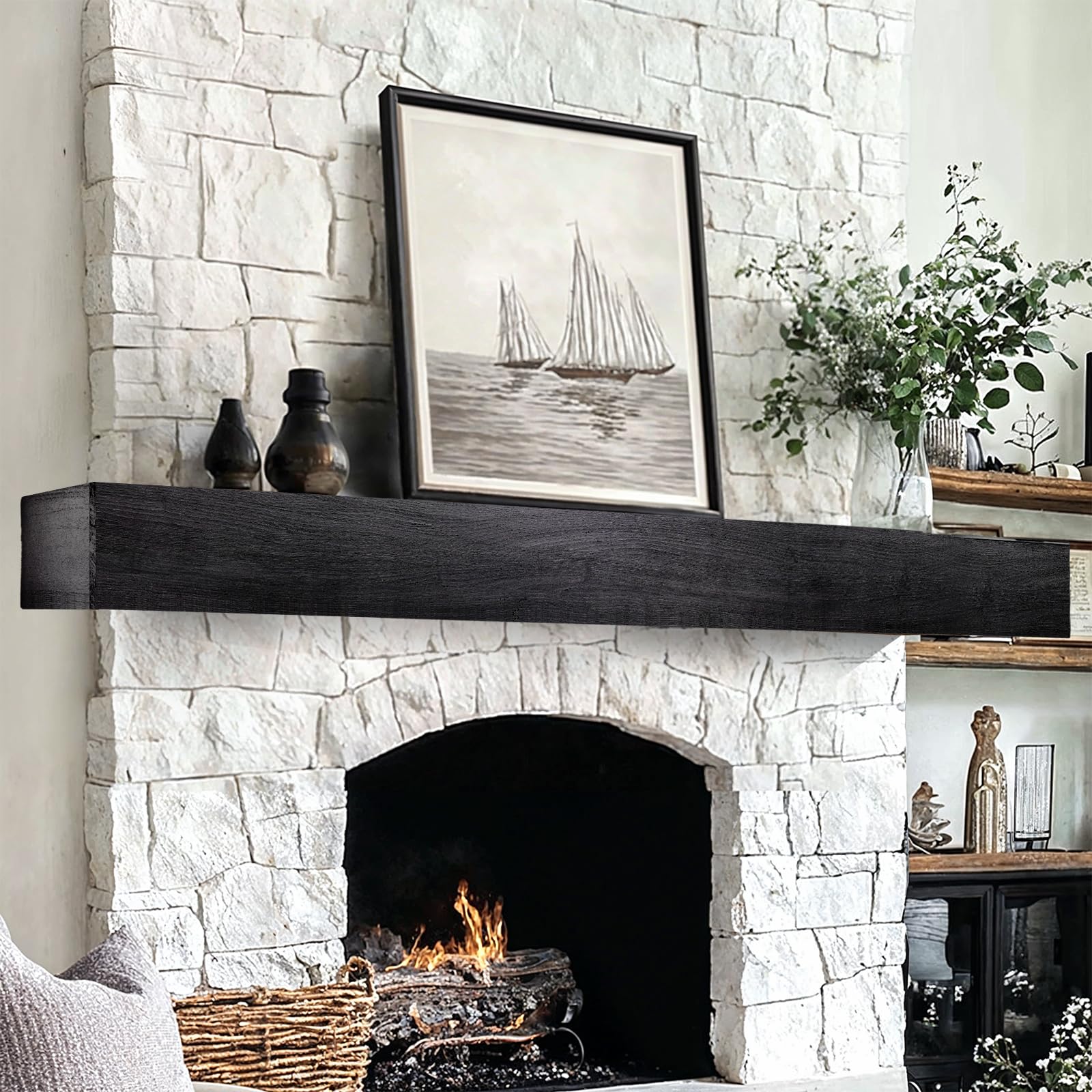 Photo 1 of ** NO RETURN***LXWZHK Fireplace Mantel Shelf, 72×8×5 Inch Wooden Floating Shelf for Over Fireplace, Handcrafted Wood Mantels, Wall-Mounted Mantel Shelves, Rustic Floating Mantels Shelves for Living Room, Black