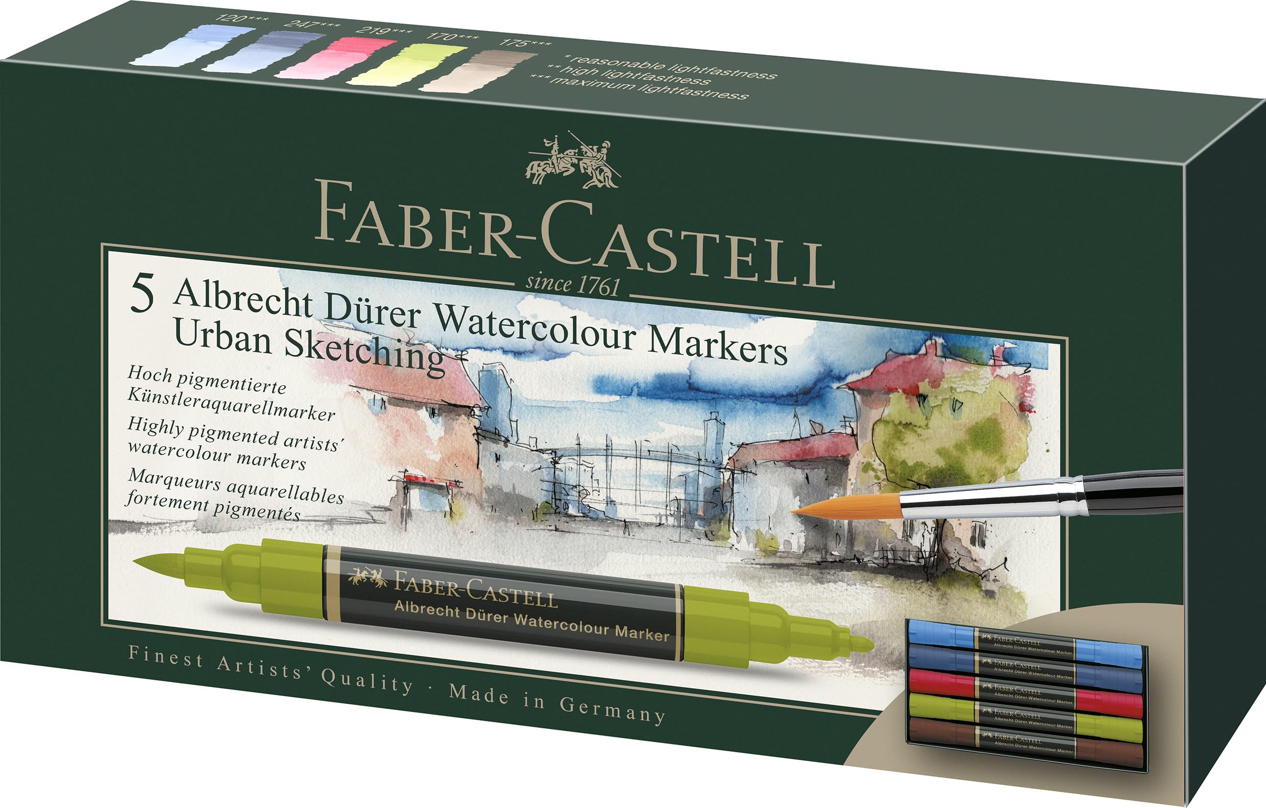 Faber-Castell Albrecht Dürer 160308 Watercolour Marker with Double Tip for Flat and Precise Colour Application Pack of 5 Urban Sketching