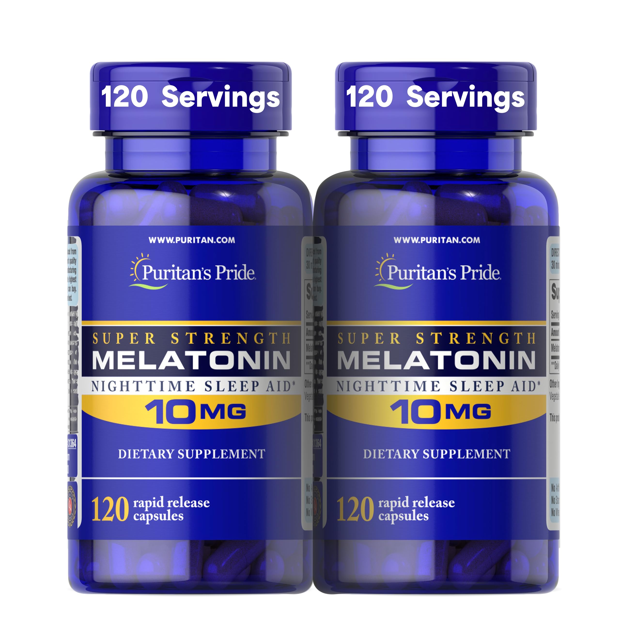 Puritan’s Pride Premium Super Strength Melatonin 10mg Sleep Aid, Dietary Supplement for Sound, Restful, & Longer Sleep Support, 4 Month Supply, 120 Rapid Release Capsules, 2 Pack (Packaging May Vary)