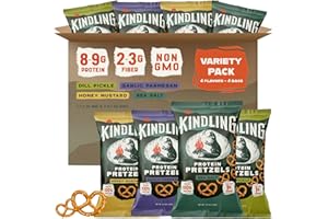 Kindling Protein Pretzels Variety Pack - Sea Salt (1), Dill Pickle (1), Honey Mustard (1), Garlic Parmesan (1) | Protein-Packed Snack | Kosher | 8 - 9g Protein Per Serving | Only 1-2g of Total Sugar | No Artificial Flavors, Soy-Free | Kid’s Snacks & Lunches, Office Snacks, & On-the-Go | 4-Pack (6.5oz - 7oz Bags)
