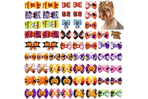 Senniea 60PCS Halloween Pet Hair Bows, Rhinestones, Pumpkins, Skulls, Bats, Ghosts, Dog Hair Bows with Rubber Bands, Halloween Puppy Bows (Halloween)